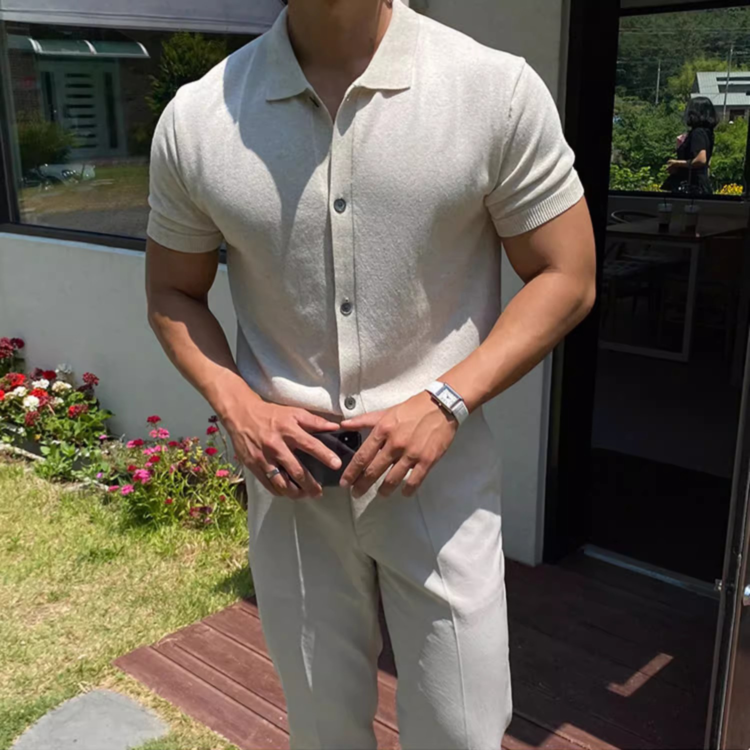 Verano nuevo estilo cardigan suéter de manga corta camisa POLO para hombre solapa negocio delgado moda camiseta comercio exterior transfronterizo al por mayor