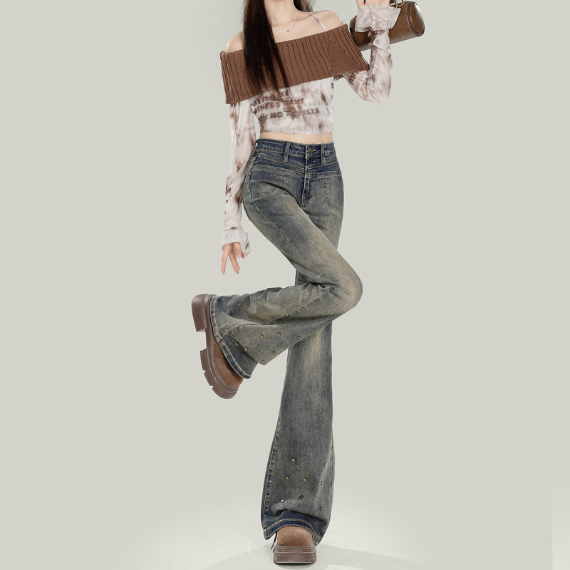 美式复古微喇叭牛仔裤女2025新款早秋新款设计感显瘦弹力马蹄裤子|undefined