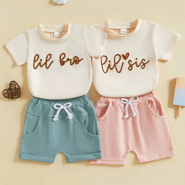 Foreign Trade Children's Casual suit Summer New Boys and Girls Lil Bro Embroidered T-Shirt Short-sleeved Shorts Two-piece Set