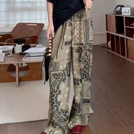 阔腿裤新韩版裤宽松显薄款度假风腰果花休闲垂坠拖地裤女