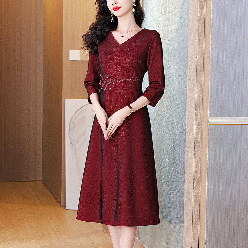 qwfs7751喜婆婆婚宴装红色礼服裙2025秋季新款气质优雅妈妈连衣裙|undefined