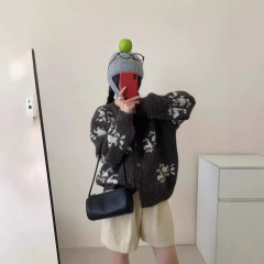 韩系设计感复古提花短款针织衫开衫女秋冬新款小个子短款毛衣外套