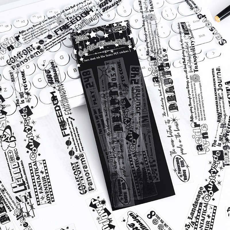Texto oscuro tinta transparente pegatinas impermeables pet diy pegatinas de diario pegatinas en blanco y negro elementos pegatinas de letras inglesas