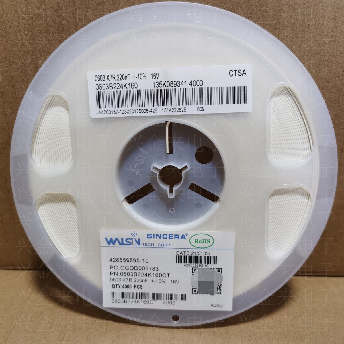原装0603贴片电容16V 220nF ±10% X7R 0603B224K160CT陶瓷电容