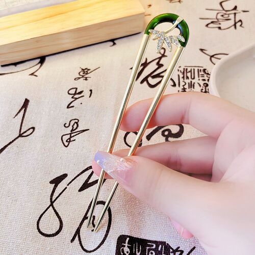 New Chinese Style Ancient Style Bamboo Leaf Hair Pin, Yang Mi Style Green U-shaped Hairpin, National Trend High-end Sense of Style Hair Pin Head Accessory