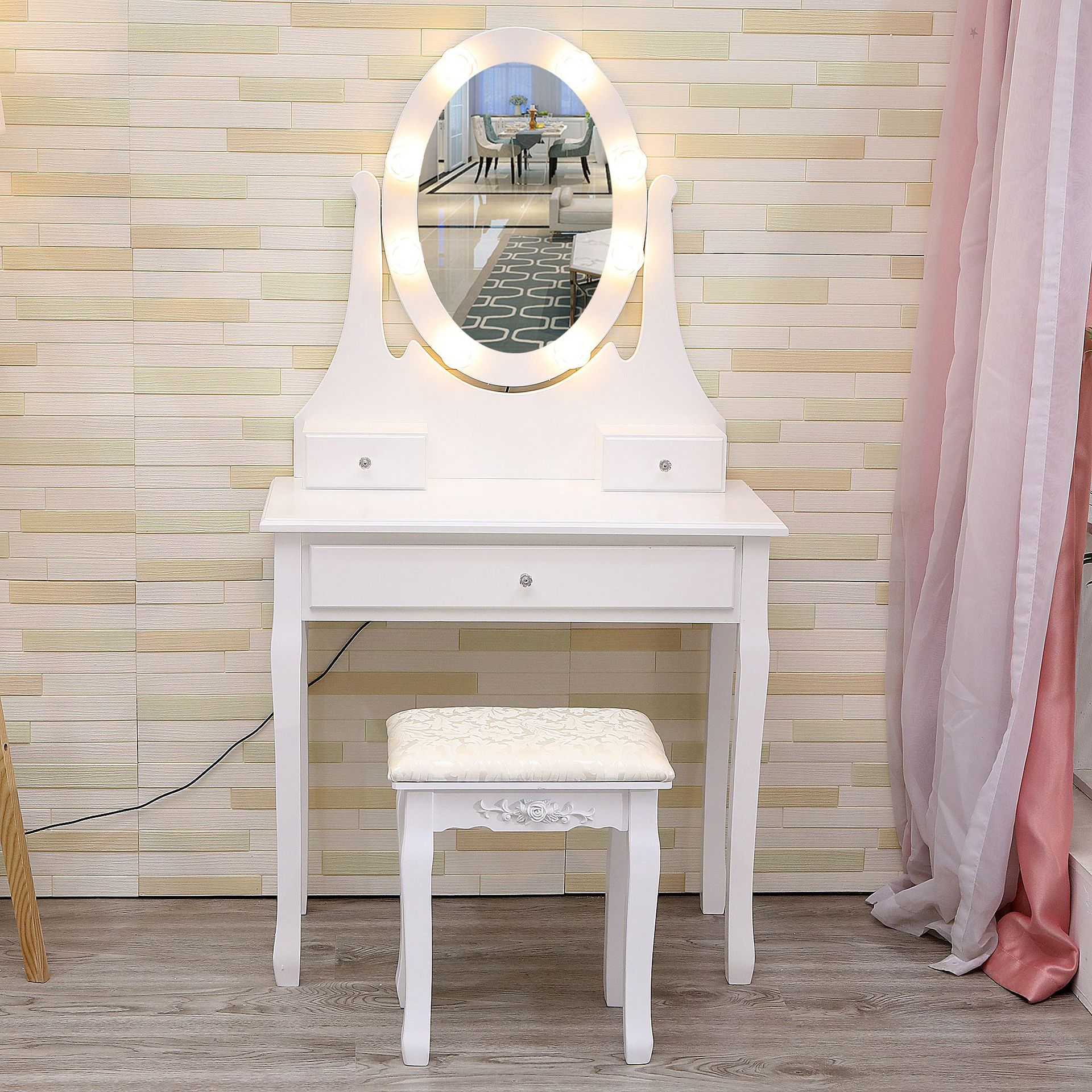 欧式实木梳妆台简约小型圆镜多抽屉带灯卧室梳妆桌白色简约款带凳