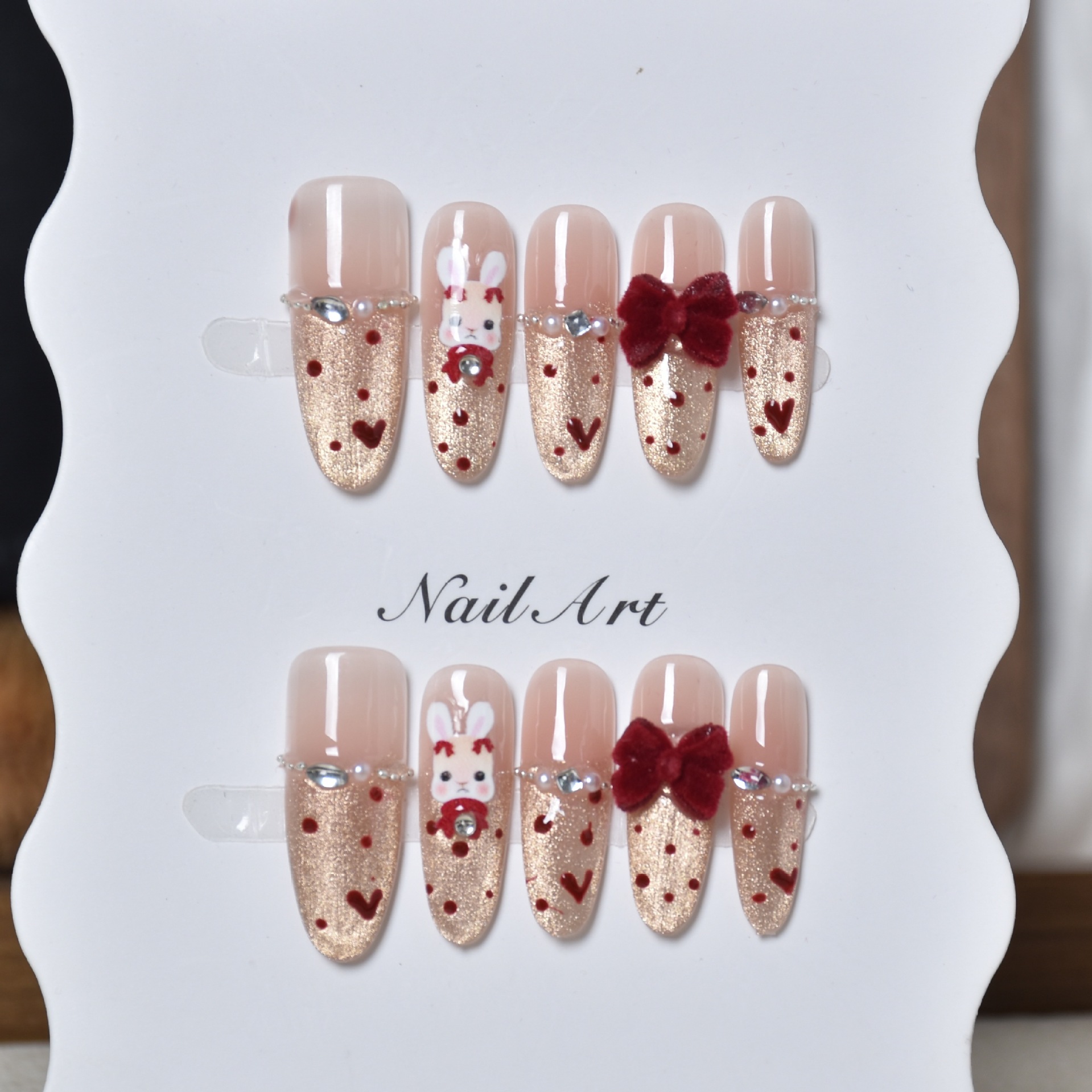 Uña roja hecha a mano ojo de gato pequeño conejo pieza de uñas fabricantes de productos terminados al por mayor elíptica manicura falsa desmontable
