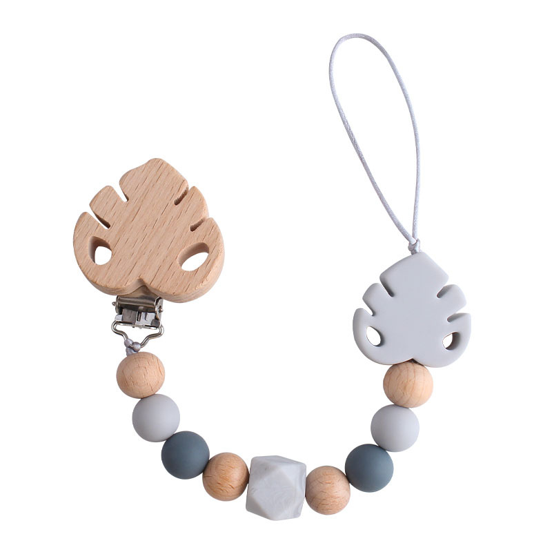 Suministros para bebés creativo clip de chupete de hoja de haya juguete mordedor bebé Cadena de chupete de hoja de silicona cadena anti-caída