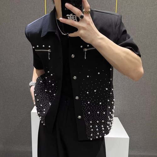 Men's High-End Embroidered Crystal Short Blazer with Padded Shoulder - Trendy and Unique Fall  Outerwear