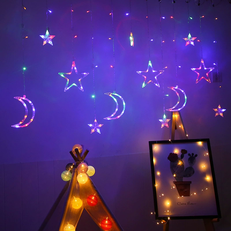 LED star and moon curtain lights, decorative string, warm white/color, USB/battery/110–220V options
