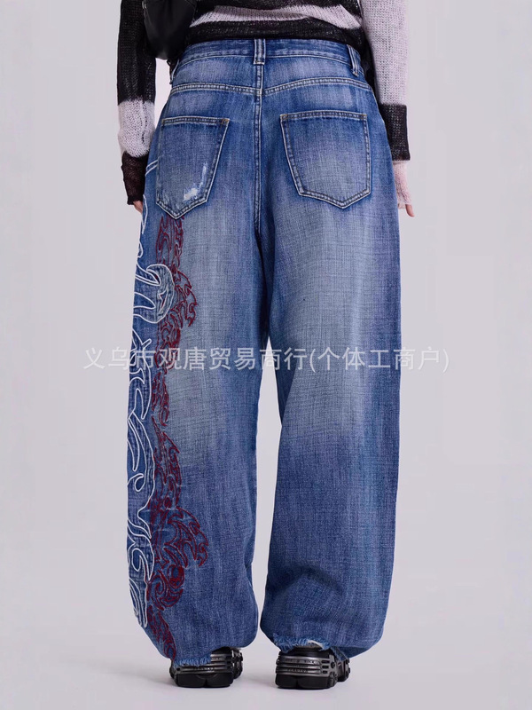 跨境女装Jaded London美式y2k辣妹刺绣设计感牛仔裤宽松拖地长裤|undefined