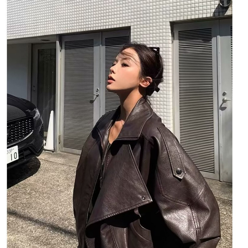 American Retro Distressed Brown Leather Jacket 2025 Spring and Autumn New Street Style High-End Leather Jacket for Women Wholesale