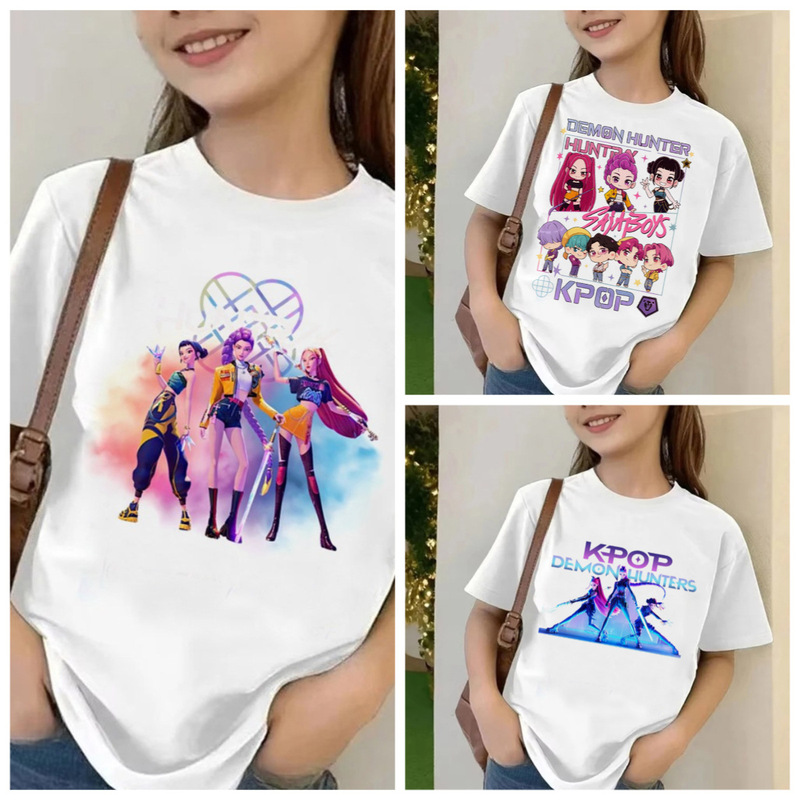 Movie Kpop Demon Slayer T-Shirt Summer Children's Short Sleeve T-Shirt Casual Loose Girl Boy Graphic Print Top