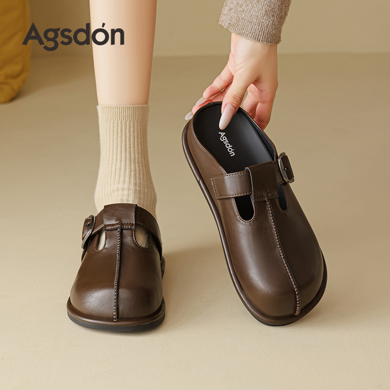 Augu Shi Deng grueso con suela pequeña piel Bocken zapatos de cabeza de medio trapezo para mujeres 2026 nuevos zapatos marrones de primavera británicos de un solo pie