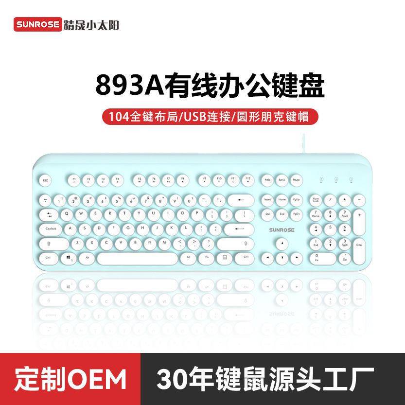 Factory Hot-Selling 893A Wired Keyboard for Good-Looking Girls Silent Office Retro Cute Pink Keyboard Cross-Border