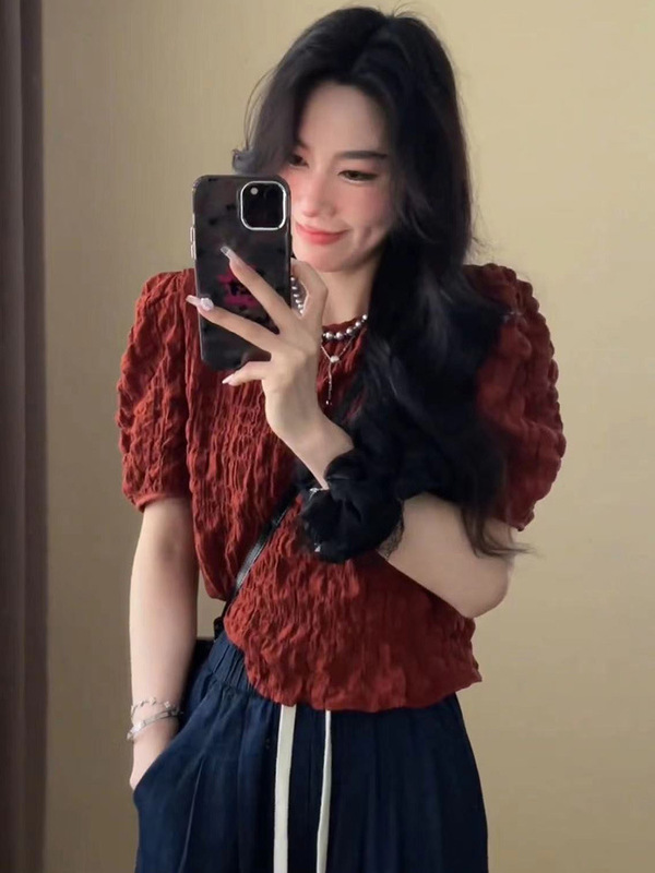 ヨーロッパ半袖シフォンシャツ女性の新しい夏のデザインニッチプリーツショートパフスリーブシフォントップ|undefined