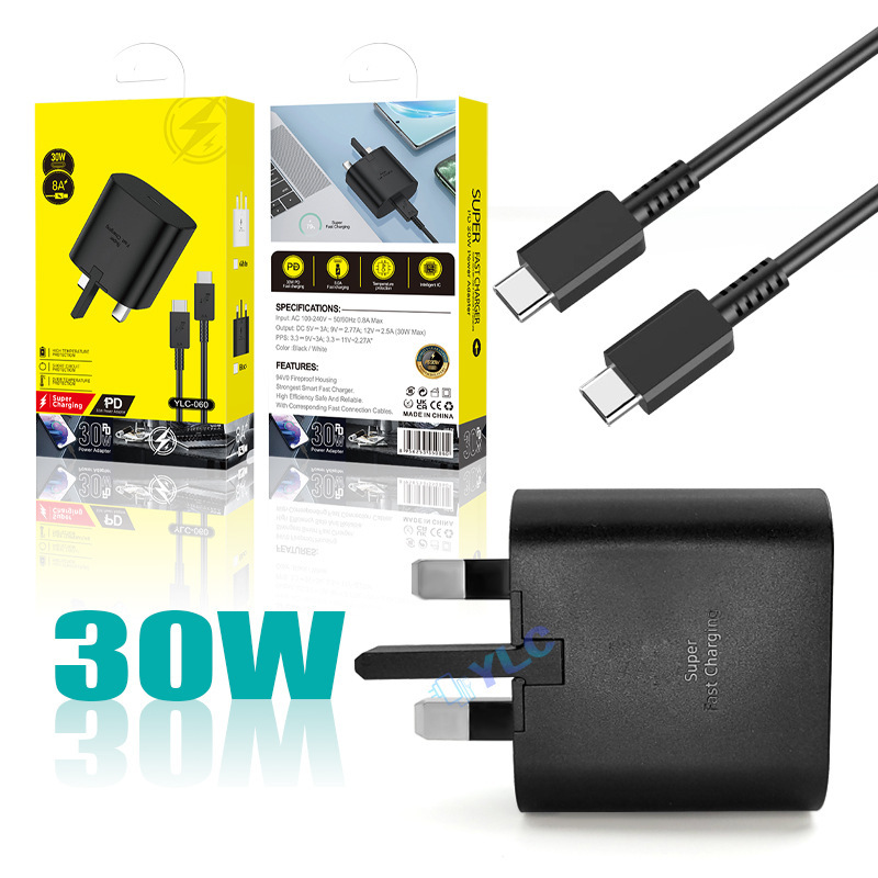 USB Fast Charger Cable Charger 30W 2 in 1 Fast Charging Set Uk Standard Uk Suitable for Samsung