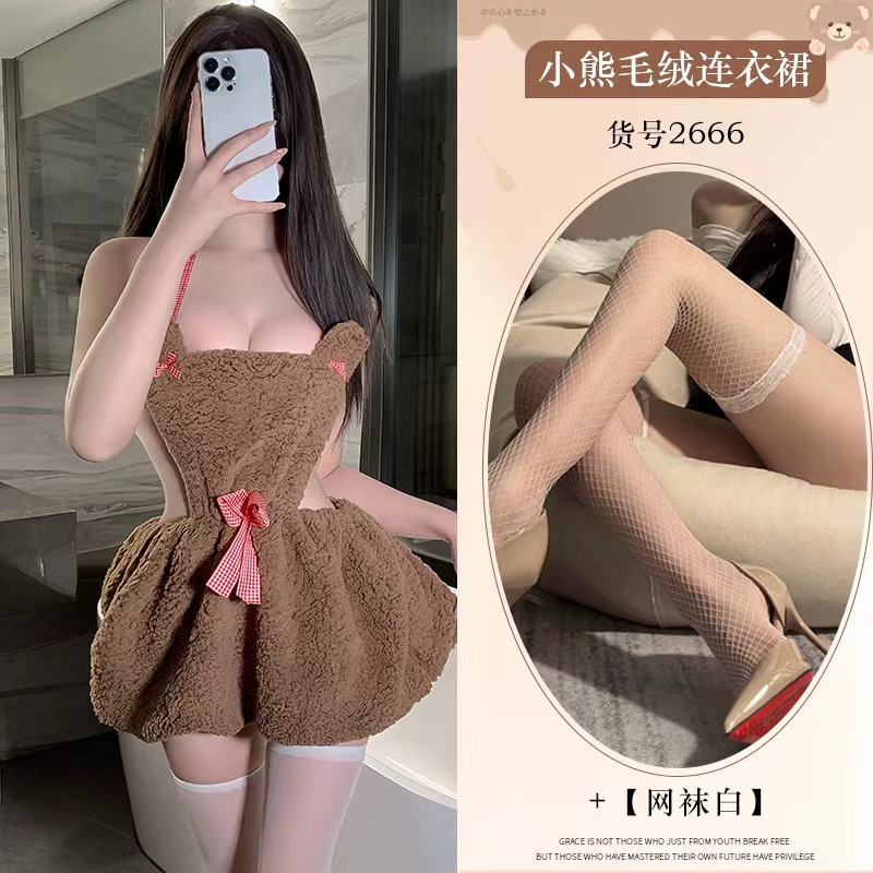 Бархатное мини-платье (), открытая спина, косплей с медвежатами, one size