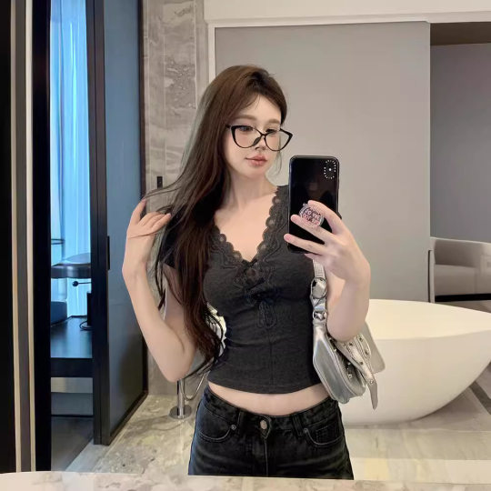 Bow Grey V-neck Short-sleeved T-shirt Women's Summer Slim-fit Slimming Spice Girl Lace Stitching Niche Short Top