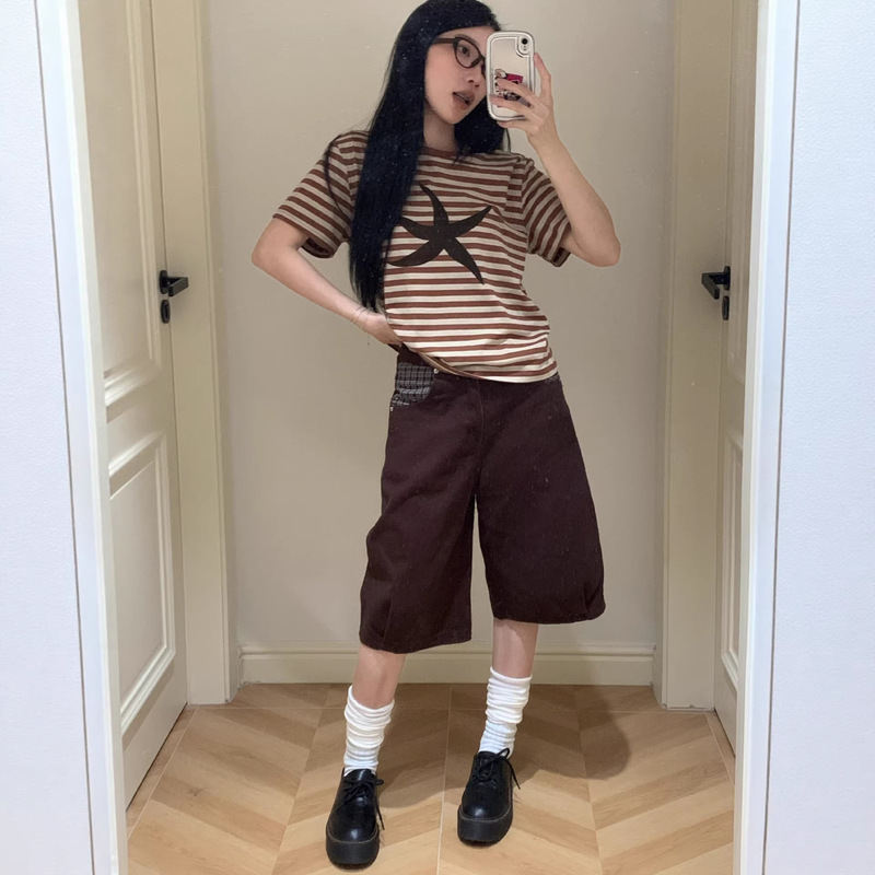 2026 Spring/Summer In-Stock Korean Thecoldestmoment Starfish Plaid Casual 7/8 Denim Shorts 2026 Spring/Summer In-Stock Korean Thecoldestmoment Starfish Plaid Casual 7/8 Denim Shorts