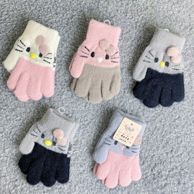 新款儿童手套秋冬针织保暖加绒加厚五指学生全指防寒蝴蝶结手套