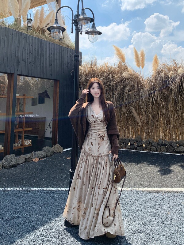 French V Neck Butterfly Print Dress Gentle Style Suit Women's Autum Knitted Sweater Cardigan Jacket Two-Piece Set