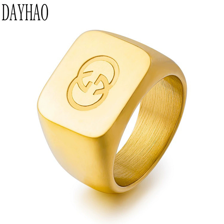 DAYHAO Square ring stainless steel with letters for leisure, European style