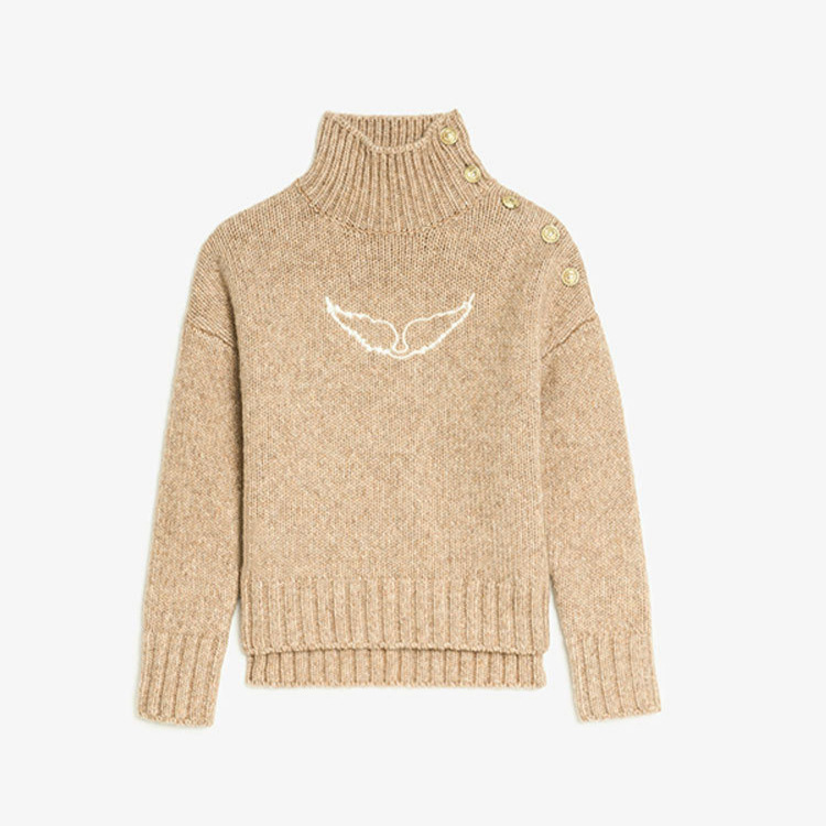 Cross-Border 2026 Winter Fashion New Style Versatile Soft and Elegant Wing Embroidery Shoulder Button Turtleneck Sweater for Women
