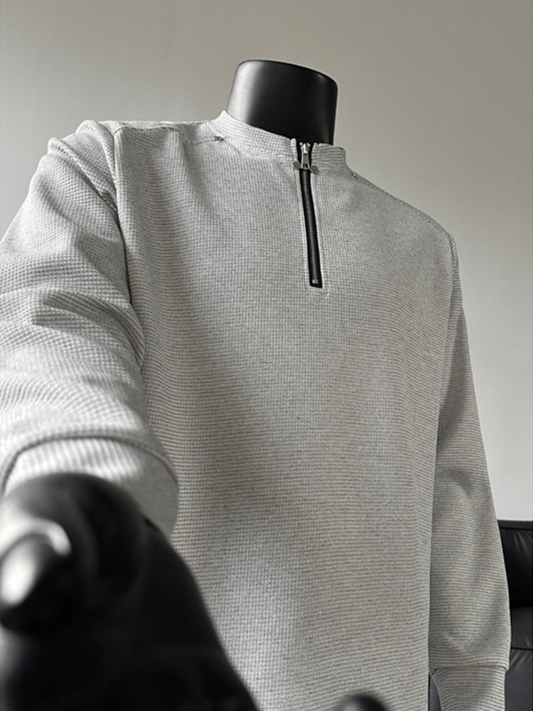 T-shirt a maniche lunghe uomo in maglia waffle con zip e patchwork_voghion.com