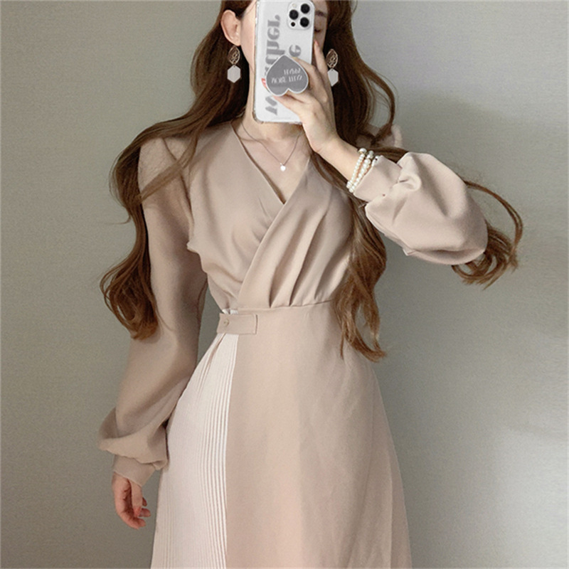 Korean chic Autumn Elegant V-neck Design chic Stitching Lace-up Waist Bubble Long Sleeve Dress