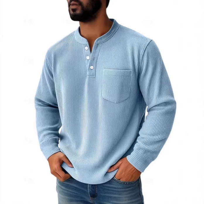 2025 Cross-Border European and American Men's New Style Solid Color Corduroy Three-Button Shirt Collar Men's Polo