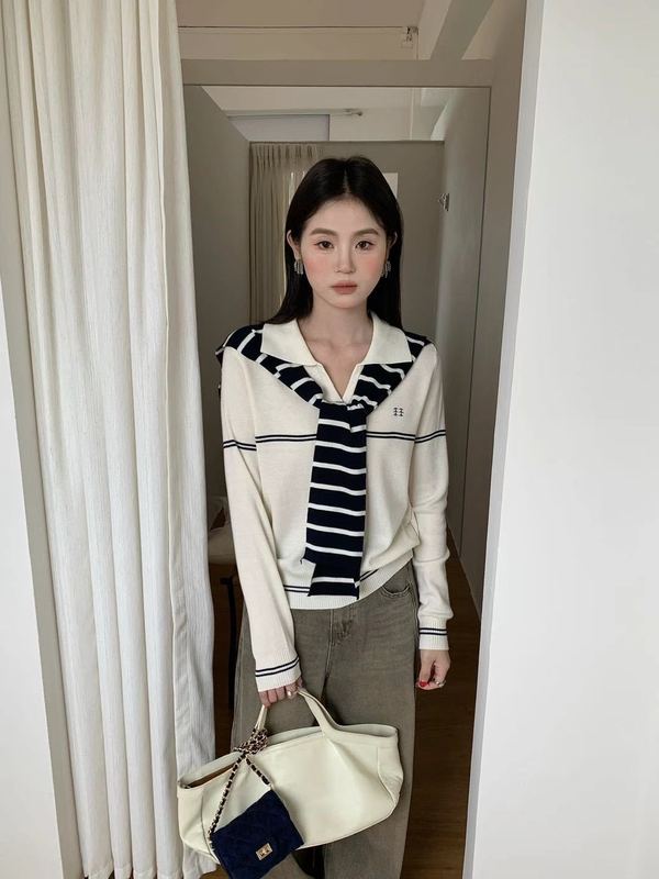条纹坑条翻领针织T恤2025秋季新款女装简约时尚洋气套头修身上衣|undefined