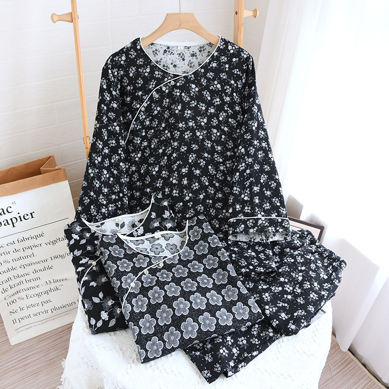 Women's thin yarn-dyed jacquard cotton underwear home wear loose comfortable diagonal pullover pajamas suit