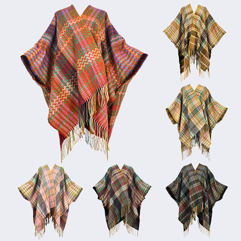 Viaje en el oeste de Sichuan vestido con una capa de chal de peluche de Yunnan Xinjiang de otoño y invierno estilo nacional de punto capa de rayas