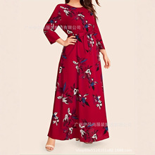 P016TEMU独立站外贸新款艳色圆领中袖系带收腰复古风宴会连衣裙