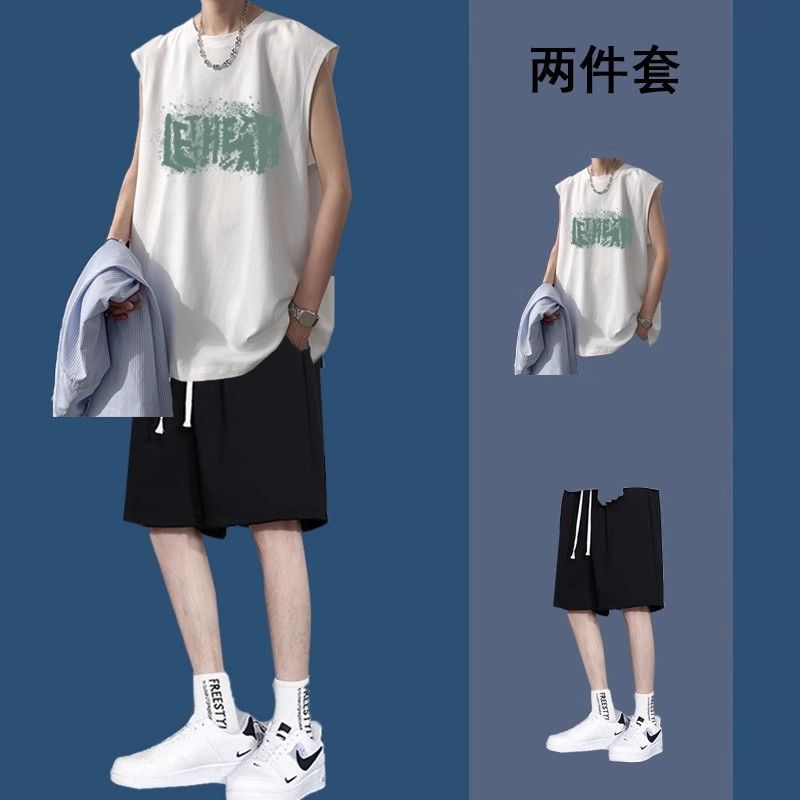 夏季男士背心套装无袖t恤衣服搭配短裤一套痞帅气休闲运动两件套