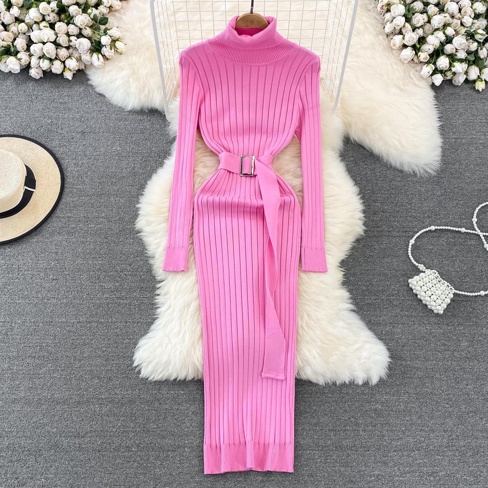 Women's Clothing autumn and winter sweater bottoming long skirt style goddess style high waist elastic tight knitted hip covering dress_voghion.com