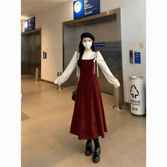 新年战袍秋冬新款复古拼接假两件红色连衣裙女感显瘦过膝裙子
