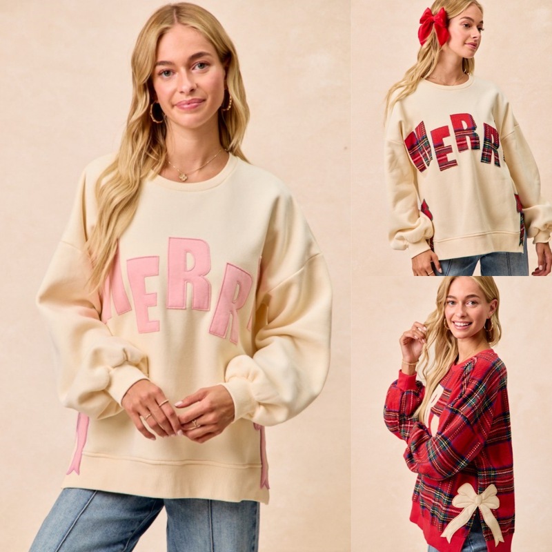 Amazon's New Autumn and Winter 25 Cross-Border European and American Women's Clothing Christmas Bow Embroidered Side Slit Pullover Sweatshirt for Women Amazon's New Autumn and Winter 25 Cross-Border European and American Women's Clothing Christmas Bow Embroidered Side Slit Pullover Sweatshirt for Women