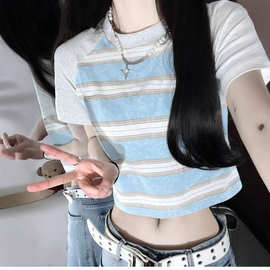 美式条纹撞色短袖t恤女夏季插肩高腰显瘦露腰辣妹短款上衣