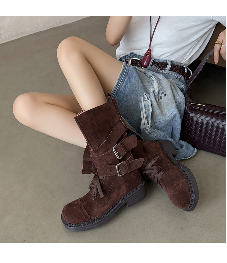 Boot cao bồi cổ trung bình da bò lộn phong cách retro, gót thấp khóa thắt lưng — đen, màu nâu sẫm, kaki chi tiết 24