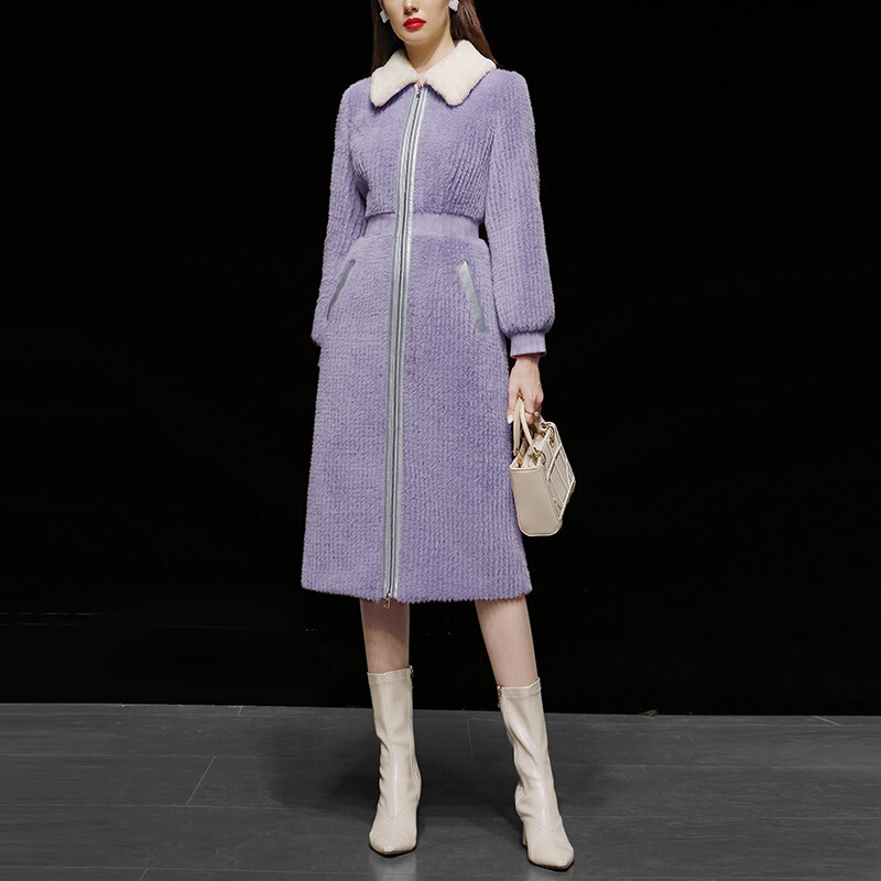 Winter New Women's Elegant Mink Plush Tweed Contrast Stitching Slim Fit Mid-length Fur Coat