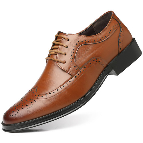 Spring New Plus Size Leather Shoes, British Office Block Pattern Engraved Business Formal Men's Shoes