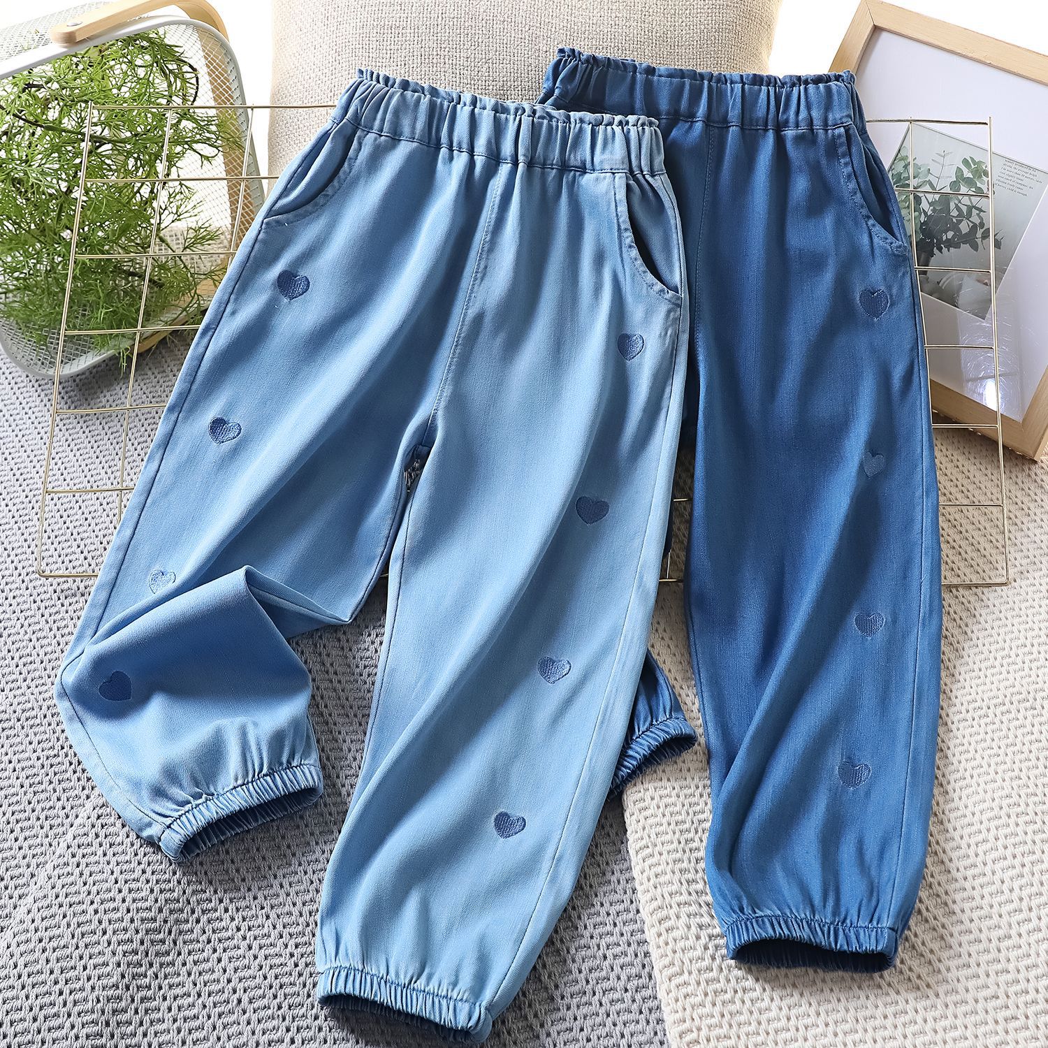 Export and Domestic Sales Spring and Summer Silk Denim Embroidered Heart Anti-Mosquito Pants New Style Medium and Large Children's Pants Factory Direct Sales