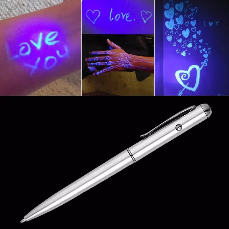 Amazon venta al por menor invisible luz LED pluma plata dinero detector pluma púrpura luz UV contraseña espía pluma envío rápido