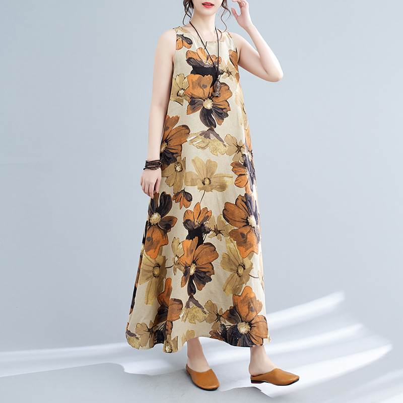 Vestido midi estampado sem mangas com gola redonda, estilo boêmio, plus size, para o verão de 2024._voghion.com