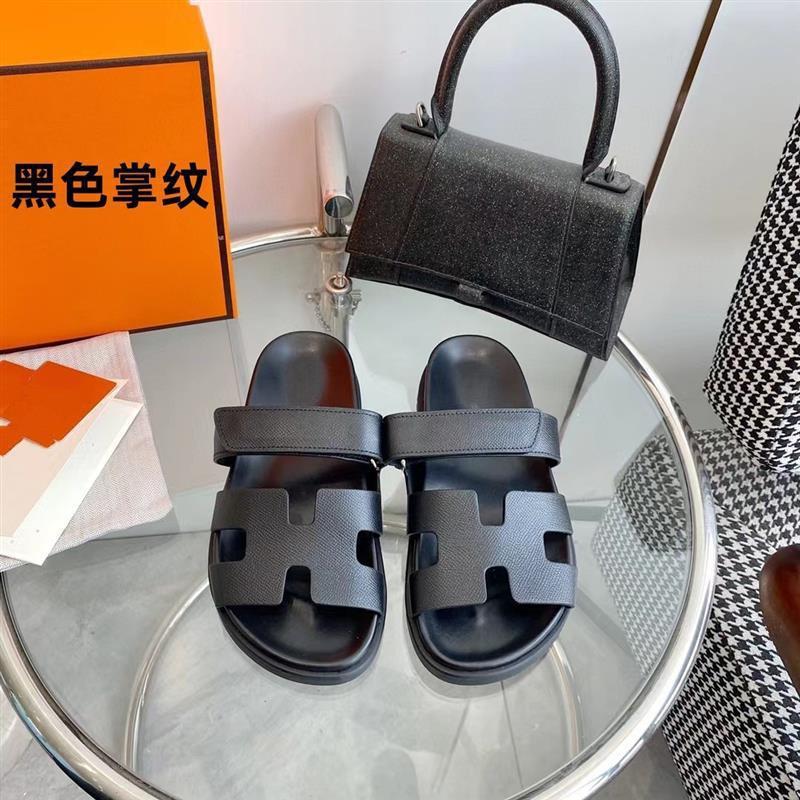 女性用の高品質の二級サンダル、ビーチ用の第一層牛革ベルクロスリッポン、男性用のフラットビッグブランドスリッパ|undefined