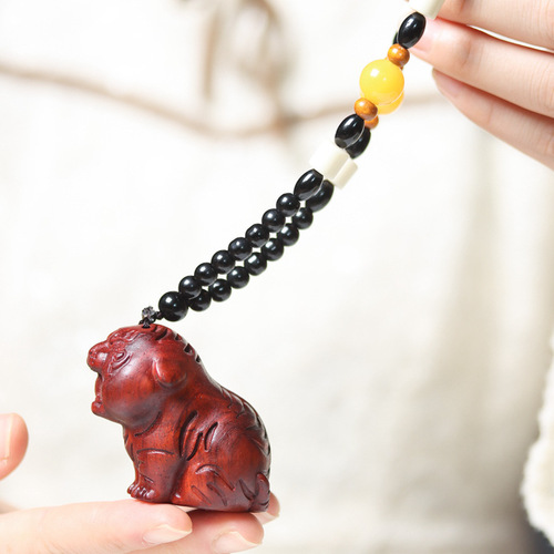 Small Zitan Wood Cute Tiger Pendant Phone Chain Zodiac Car Keychain Bag Charm Gift Ornament
