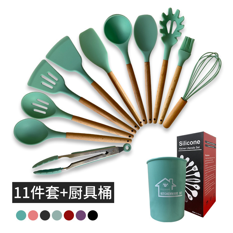 シリカゲルの鍋のシャベルのスプーンの12セットの木の柄の食器のセットの食品級のシリカゲルのシャベルの軽い贅沢なシリカゲルの刀のフォークのスプーンのセット|undefined