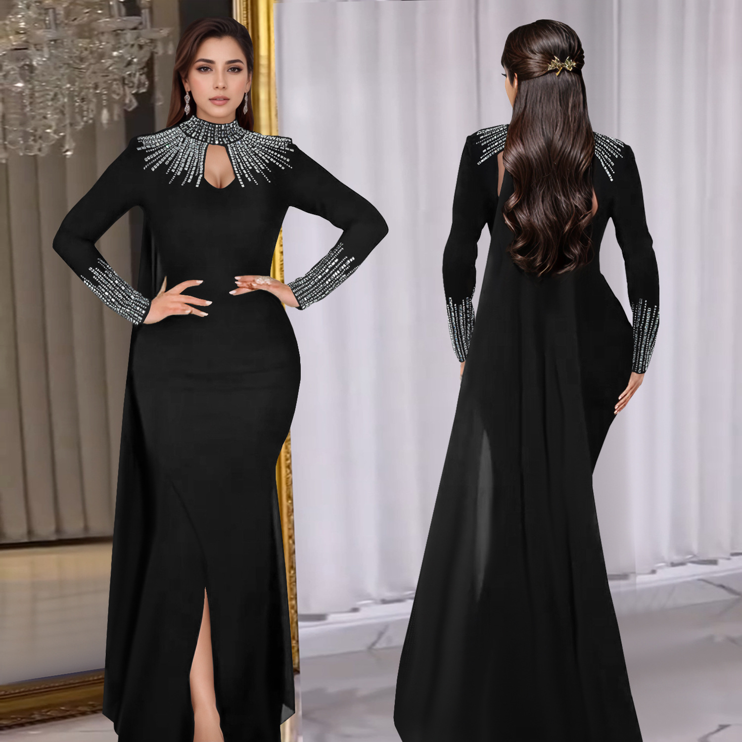 C7381 Cross-border AliExpress Amazon Ropa de mujer de moda europea y americana Elegante perspectiva Vestido ajustado de manga larga de diamantes calientes image 1